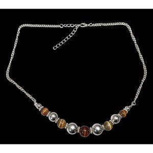 Casual Brown Cat Eye And Silver Tone Beaded Necklace